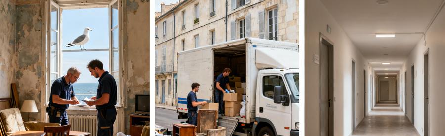 Scènes de débarras à La Rochelle, professionnels chargent un camion et appartement vide.