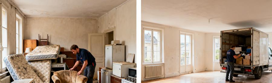 Avant/après d'un appartement à Chartres, avec un débarrasseur triant des meubles et un espace nettoyé.