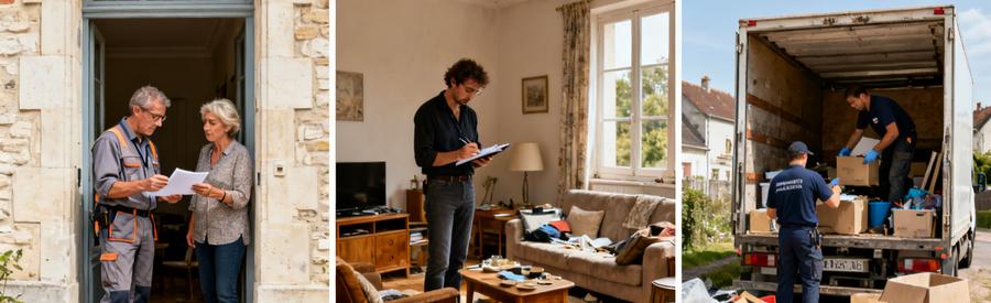 Trois étapes d'un débarras réussi à Chartres : évaluation, tri des objets, et chargement dans le camion.