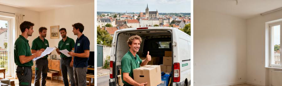 Professionnels du débarras à Châteauroux évaluent et chargent des objets dans une camionnette avant de laisser l'intérieur vide et propre.