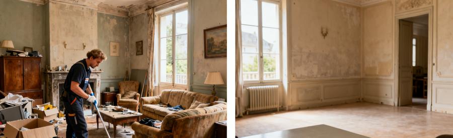 Un débarras professionnel à Châtellerault, montrant une maison avant et après le débarras d'objets personnels.