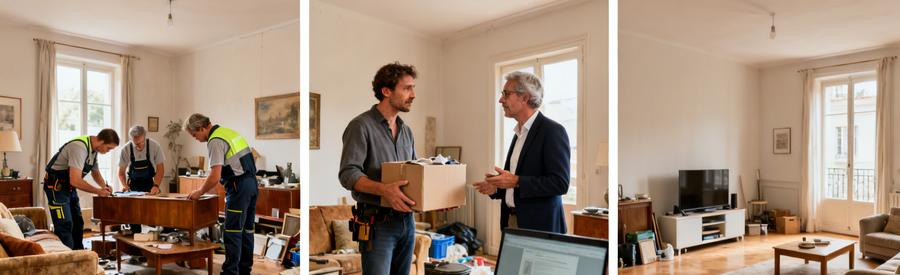Professionnels évaluant le contenu d'un salon à Chatou, montrant le processus de débarras.