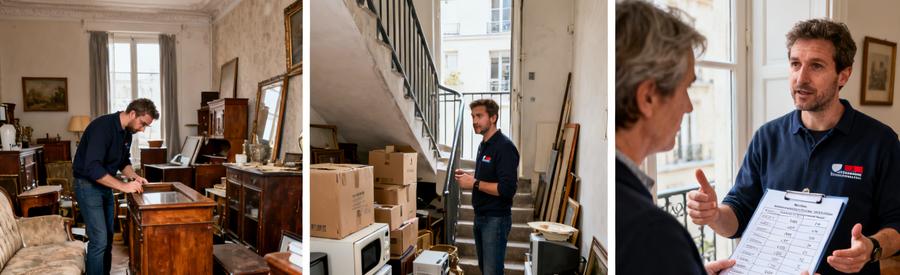 Professionnel évaluant des objets dans un salon et un grenier pour un débarras à Cluses, montrant des valeurs estimées.