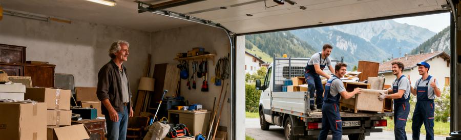 Personne dans un garage encombré et équipe de débarras chargeant un camion à Cluses.