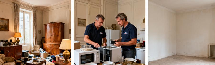Professionnels du débarras à Concarneau évaluant des meubles et objets valorisables dans un espace avant et après débarrassage.
