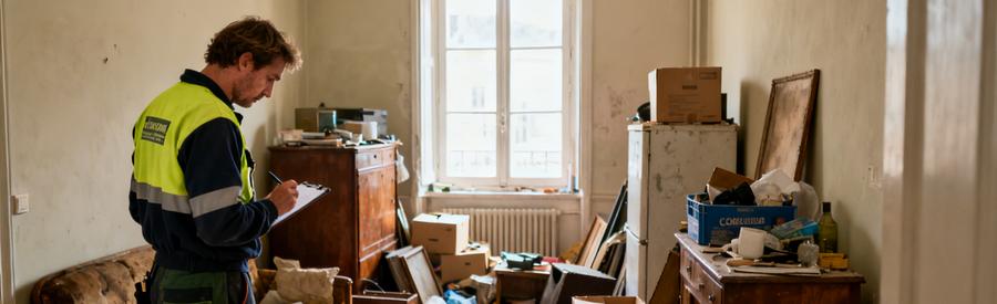 Professionnel du débarras évaluant un appartement encombré à Concarneau, prêt à organiser le vide.