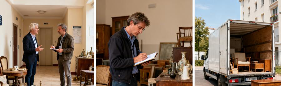 Comparaison de professionnels évaluant des objets dans une copropriété, montrant différentes étapes de débarras.