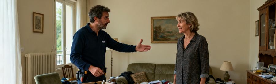 Un professionnel du débarras à Corbeil-Essonnes écoutant un client, avec des meubles à évacuer autour.