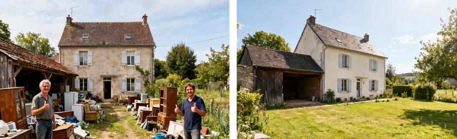 Avant-après d'une maison en Corrèze avec jardin et grange, montrant le débarras d'objets encombrants.