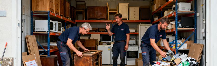 Débarrasseurs triant des objets dans un garage, illustrant le recyclage et la valorisation responsables.