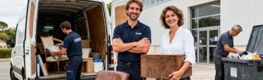 Professionnels du débarras en action, discutant et triant des objets dans un salon à Couëron.