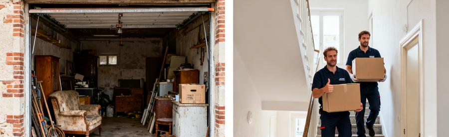 Comparaison entre un garage encombré et un appartement en cours de débarras à Creil avec des professionnels.