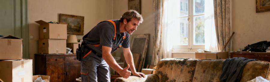 Professionnel du débarras inspectant des meubles dans un salon encombré à Dieppe.