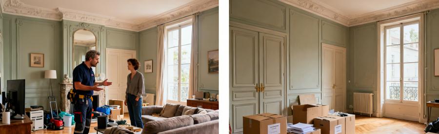 Scène d'un débarras après divorce, avec professionnelle discutant d'objets à garder, suivi par un salon en cours de désencombrement.