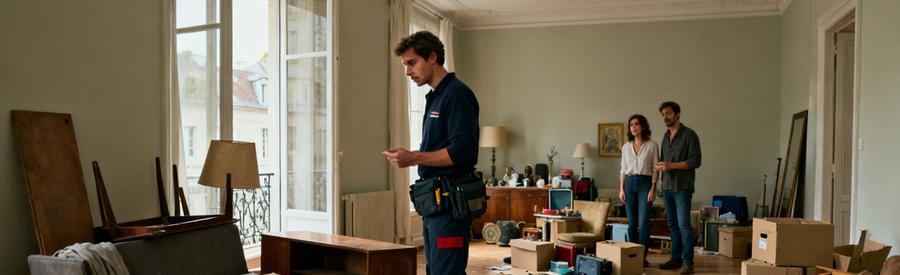 Professionnel du débarras évaluant un appartement vide après une séparation, entouré de meubles et cartons.
