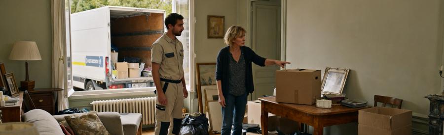 Professionnel examinant des meubles partagés dans un salon après un divorce, avec une camionnette en arrière-plan.