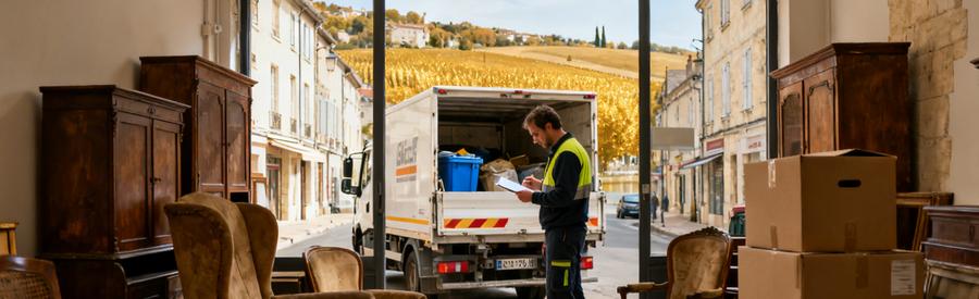 Un professionnel du débarras inspecte un local commercial à Périgueux, Dordogne, entouré de vieux meubles.