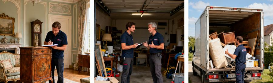 Trois scènes de débarras à Plaisance-du-Touch : inspection de meubles, évaluation d'objets, chargement de camion.