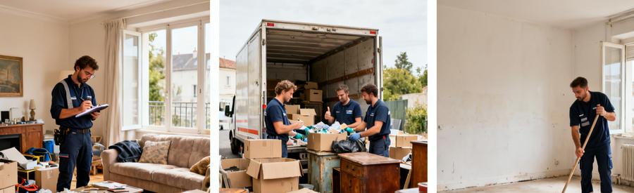 Processus de débarras à Évreux : visite d'estimation, tri des objets, nettoyage final du local vidé.