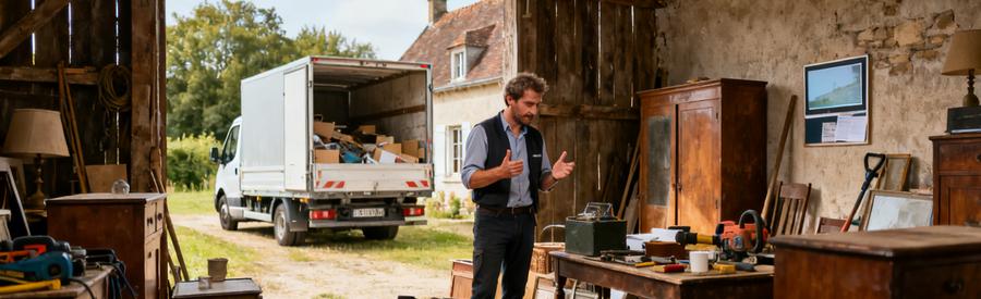 Un professionnel évalue des vieux meubles dans une ferme isolée du Perche, devant un camion de débarras.