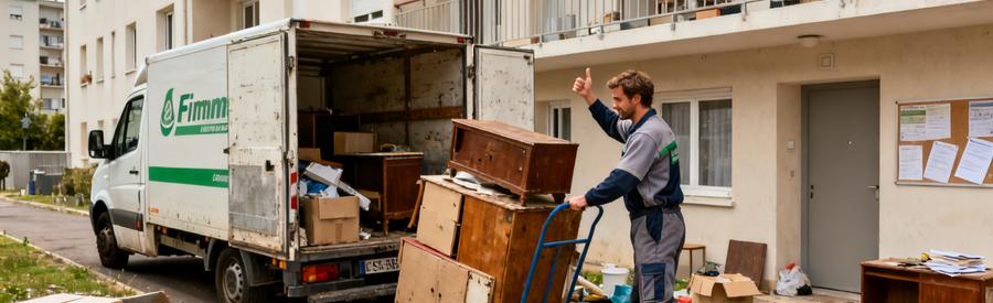 Professionnel du débarras évacuant des vieux meubles et cartons dans un appartement T3 encombré à Firminy.