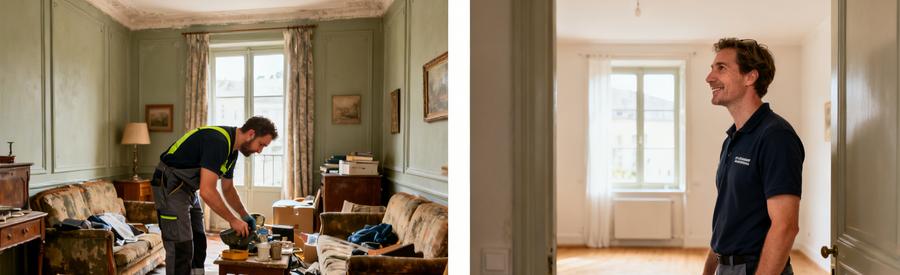 Avant et après un débarras dans un appartement à Fougères, mettant en avant un professionnel en action.