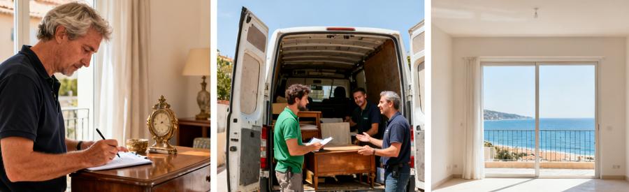 Professionnels du débarras à Fréjus évaluent des meubles pour un débarrassage gratuit, créant un espace lumineux.