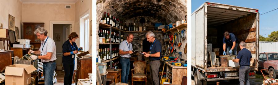 Professionnels en train de débarras d'un appartement, d'une cave et d'un garage à Fréjus, montrant divers types de biens.
