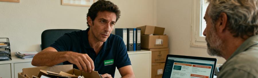 Un professionnel du débarras consulte un client dans un bureau, entouré de cartons et d'offres sur un ordinateur.