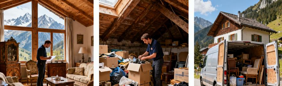 Débarrasseur évaluant des meubles à Gap, inspection de cartons dans un grenier, camionnette chargée devant une maison.