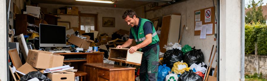 Un débarras professionnel à Bruay-la-Buissière, un homme trie des meubles et des cartons dans un garage encombré, montrant son expertise.