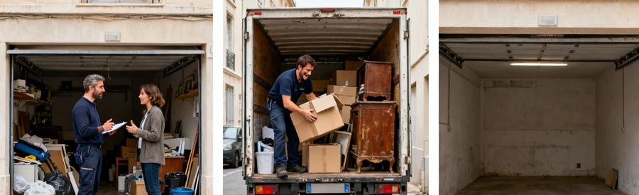 Débarrasseur évaluant un garage, chargement de meubles dans camionnette, garage dégagé et satisfait.
