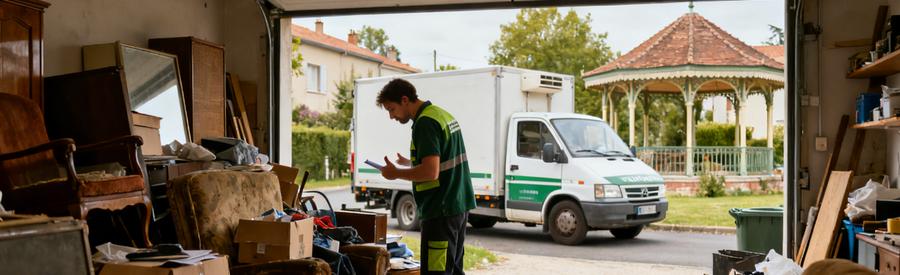 Professionnel évaluant un garage encombré à Plaisance-du-Touch, avec une camionnette stationnée à proximité.