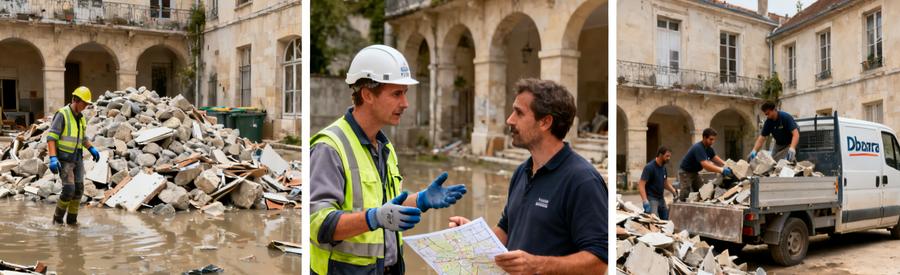 Trois scènes illustrant le processus de débarras de gravats : inspection des déchets, consultation de plan, chargement des débris dans une camionnette.