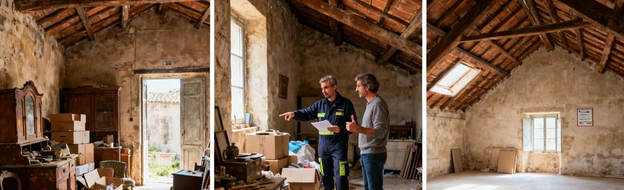 Démarche de débarras à Carpentras : avant, professionel évaluant, après un grenier propre.
