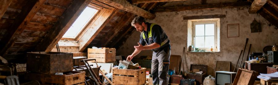 Professionnel inspectant un grenier d'une longère en Mayenne rempli d'objets divers et chargés d'histoire.
