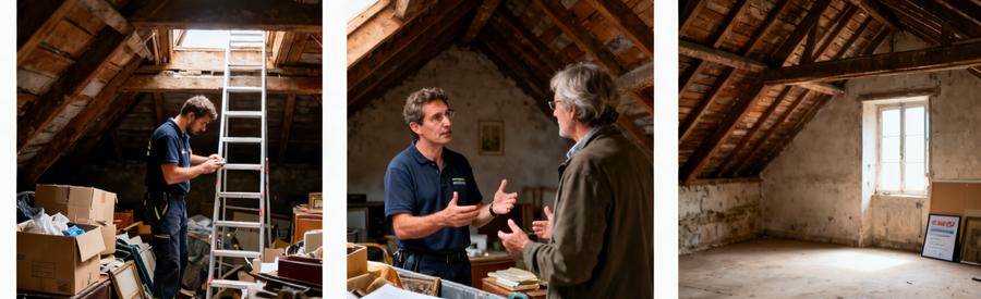 Trois scènes illustrant le débarras d'un grenier à Villeneuve-d'Ascq : inspection, évaluation, et espace nettoyé.