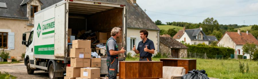 Camion de débarras devant une maison rurale à Guéret, professionnels évaluant des objets.