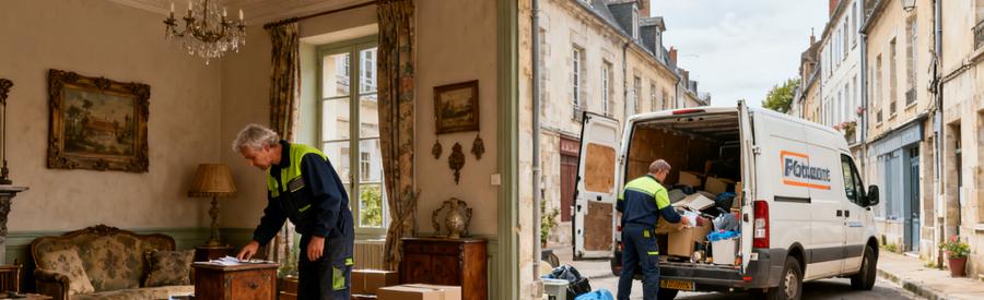 Scène de débarras à Guéret avec des professionnels inspectant des meubles dans une maison ancienne.