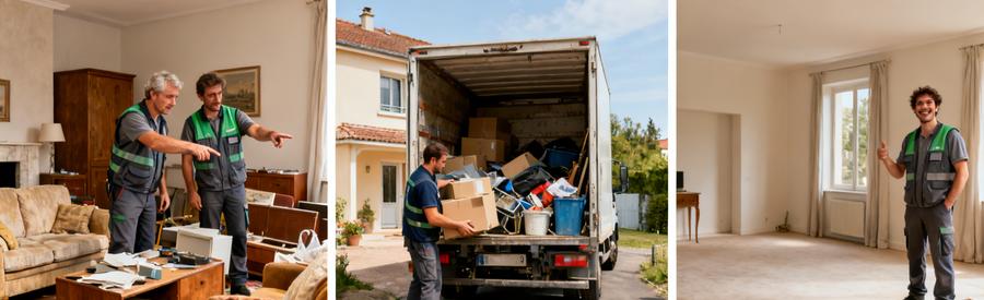 Professionnels du débarras en Haute-Marne inspectant et évacuant des meubles, montrant l'efficacité du service.