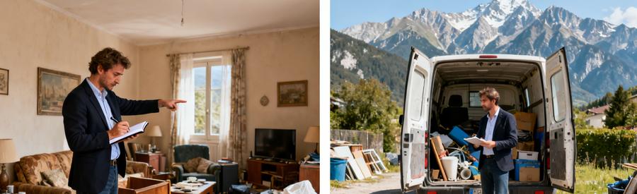 Un professionnel évalue un salon encombré à Hautes-Alpes avant de charger des meubles dans une camionnette en montagne.