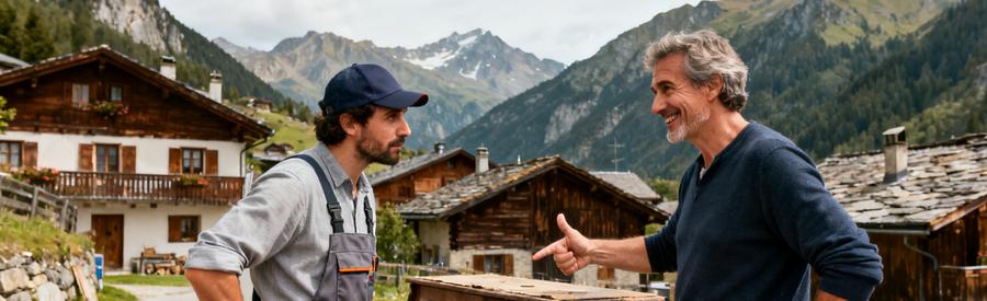 Professionnel du débarras échange avec un client devant une maison dans les Hautes-Alpes, soulignant le choix d'un prestataire local.