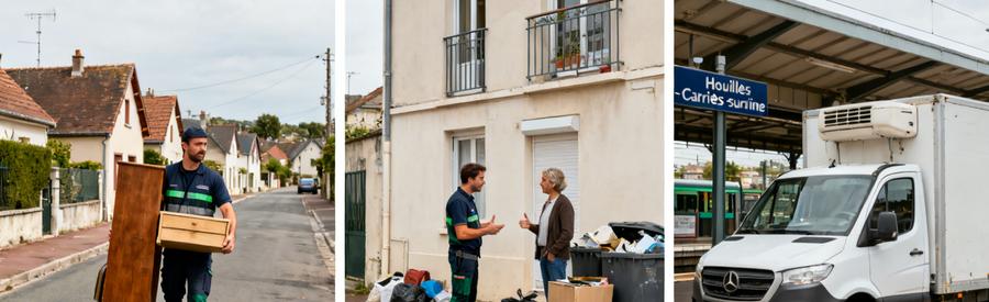 Trois scènes illustrant le travail de débarras à Houilles : professionnels en action, évaluation d'objets et camionnette garée.