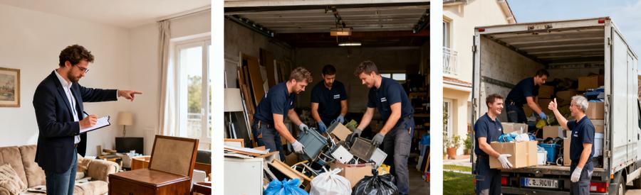 Trois étapes d'un débarras professionnel à Illzach : évaluation, tri et chargement des objets dans une camionnette.