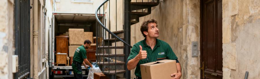 Professionnel du débarras manœuvrant dans un accès étroit à Roanne, avec des meubles à évacuer.