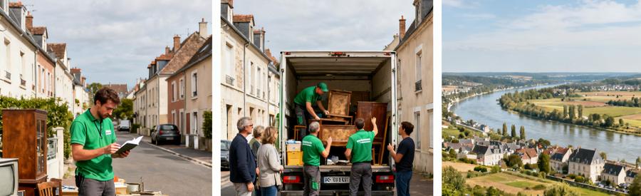 Débarrasseur à Tours évaluant des objets, équipe chargeant la camionnette, vue de la vallée de la Loire.