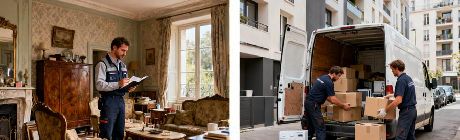 Débarras en Indre-et-Loire : évaluation d'une maison et chargement d'appartements, illustrant des situations courantes.