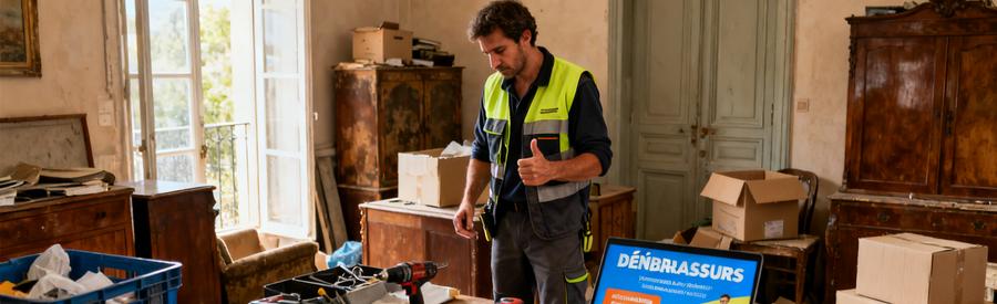 Un professionnel inspecte une pièce encombrée à La Ciotat, entouré de vieux meubles et cartons en préparation de débarras.