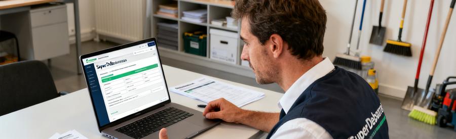 Professionnel examinant un formulaire en ligne pour comparer les débarrasseurs à La Roche-sur-Yon.