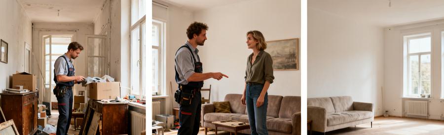 Professionnel évaluant un appartement à La Roche-sur-Yon, suivi par un salon vidé et propre après un débarras réussi.